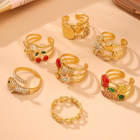 Anello Regolabile In Acciaio Inossidabile Multistrato Zircone Coccinella Fragola Farfalla Frutta Animale Gioielli Donna