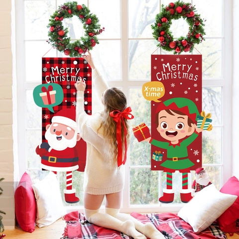 Banner Appesi Di Natale Tessuto Non Tessuto Cartone Animato Babbo Natale Pupazzo Di Neve Renna Decorazione Murale Festiva Interni