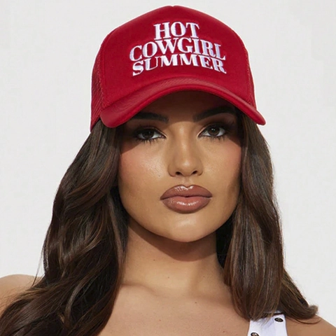 Geborduurde Trucker Pet Hot Cowgirl Summer Polyester Mesh Ademend Verstelbaar Zonbescherming Buiten Dames