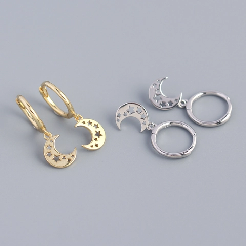 925 Sterling Silber Mond Stern Creolen Geometrische Hohle Sichel Hänger Für Damen