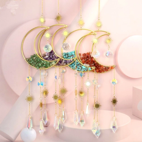 Moon Sun Suncatcher Natural Gravel Stone Metal Alloy Hanging Ornament Boho Crystal Prism Window Garden Decor