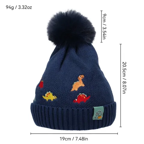 Kids Knitted Beanie Hat Dinosaur Embroidery Faux Fur Pom-pom Fleece Lined Winter Warm For Toddler Boys Girls