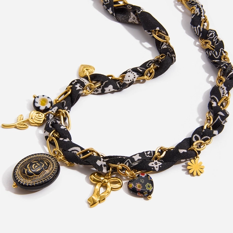 Vintage Edelstahl Halskette Mit Satinnschal Gewebt Und Vergoldeten Rosen Herz Anhängern Für Damen Mode Schmuck