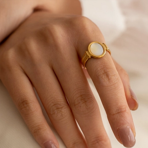 Anello Vintage Tondo in Madreperla Bianca per Donna Placcato Oro Argento Rame Minimalista Regolabile Gioielli da Dito Regalo