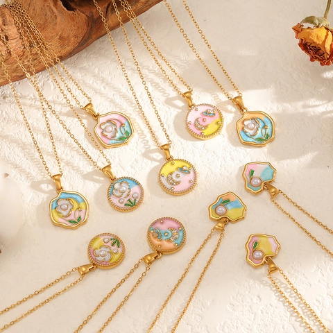 Collana Con Ciondolo Fiore Cuore Stella Luna Vintage Acciaio Inossidabile 304 Smalto Colorato Perla Artificial Sintetica Gioielli Donna