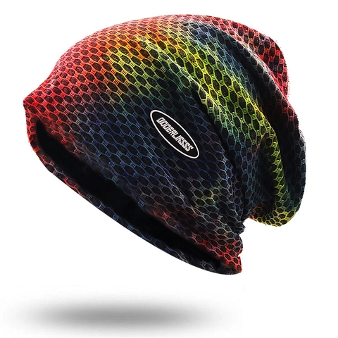 Slouchy Beanie Hat Knit Honeycomb Mesh Breathable Gradient Rainbow Outdoor Casual Warm Headwear For Men Women
