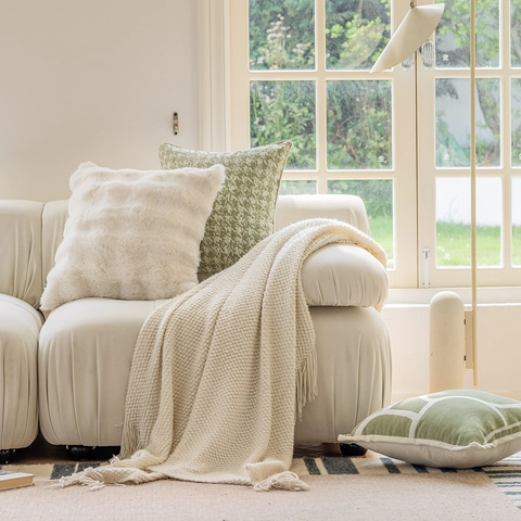 Scandinavische Stijl Crème Pluche Decoratieve Kussenhoes Minimalistisch Chenille Jacquard Kussenhoes Voor Sofa Woonkamer Decor