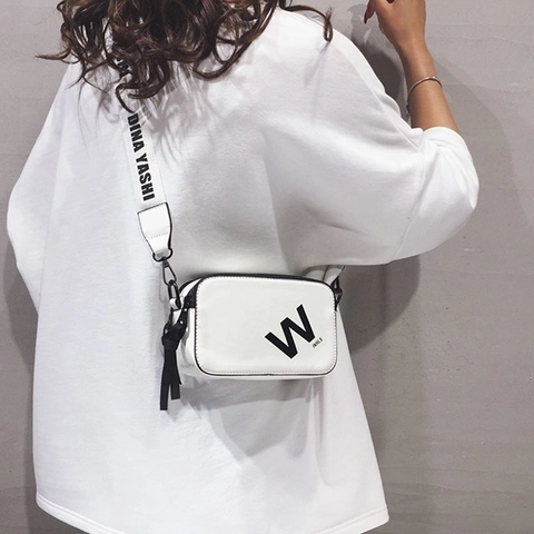 Women Crossbody Bag Patent PU Leather Trendy Camera Square Bag Wide Letter Print Strap Tassel Zipper Streetwear