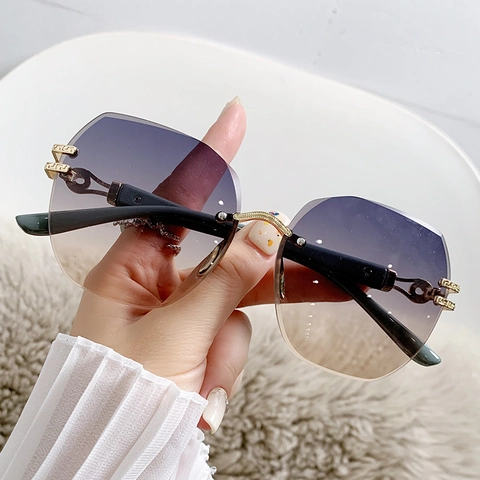 Lunettes De Soleil Sans Monture Polygone Verres Dégradés Branches Métalliques Protection UV400 Rétro Pour Femmes