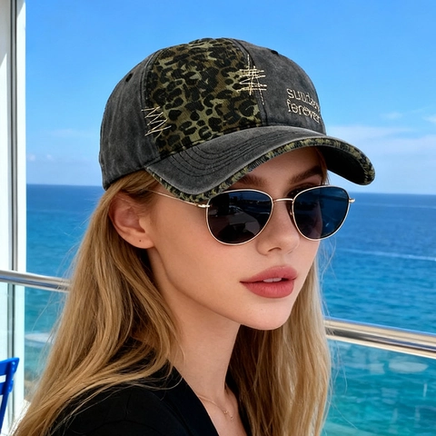 Casquette De Baseball Rétro En Coton Lavé Patch Imprimé Léopard Broderie Protection Solaire Style Street Réglable Femmes Hommes