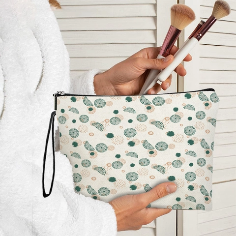 Sac À Cosmétiques Imprimé Fruits En Lin Pochette De Maquillage Zippée Organisateur De Voyage Portable Pour Femmes