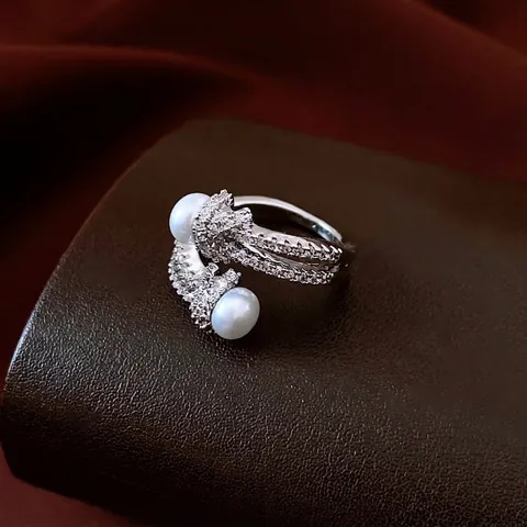 Französischer Luxus Doppelperlen Offener Ring Kupfer Mit Mikropave Zirkon Eleganter Retro Verstellbarer Fingerschmuck Damen