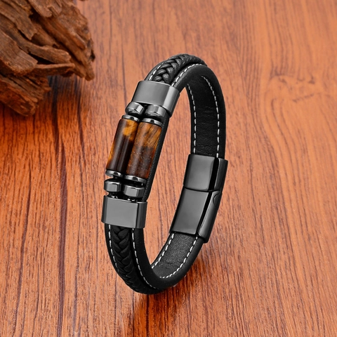 Men Women Braided Leather Bracelet With Stainless Steel Magnetic Clasp Natural Tiger Eye Stone Beads Fashion Jewelry