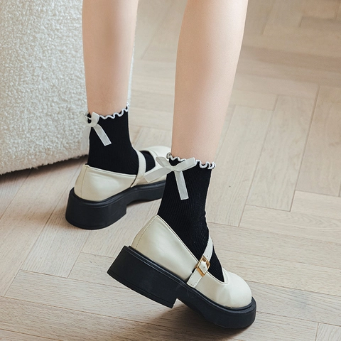 Women Cotton Mid-Calf Socks Ribbed Knit Lettuce Trim Ribbon Bow Japanese JK Academy Style Sweet Lolita Socks