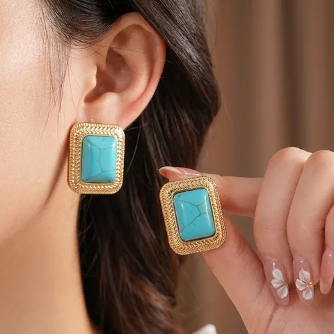 Vintage Rectangle Stud Earrings With Turquoise Stone And Silver Earring Post Alloy Woven Texture Palace Style For Women