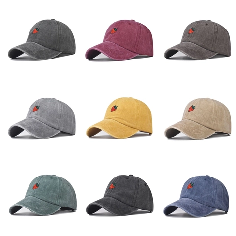 Strawberry Embroidery Baseball Cap Washed Cotton Distressed Vintage Outdoor Sun Protection Adjustable Dad Hat Unisex