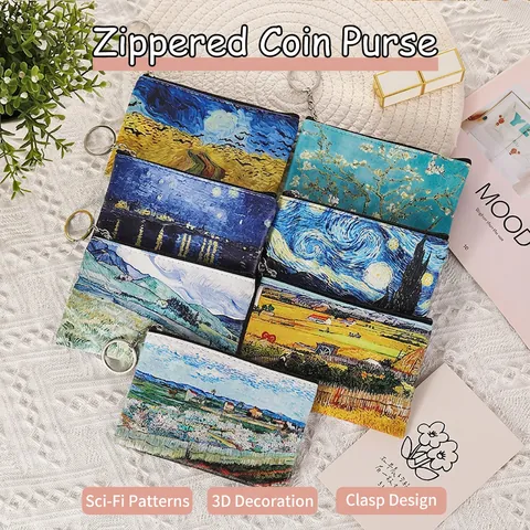Impressionniste Peinture À L'Huile Impression D'Art Porte Monnaie Cuir PU Porte Clés Portefeuille Fermeture Éclair Petit Sac