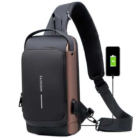 Men Waterproof Nylon Chest Bag with Anti-theft Password Lock External USB Charging Port Reflective Safety Crossbody Bag