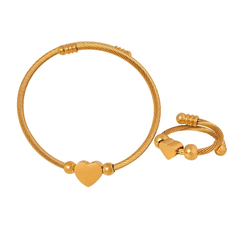 Herz Anhänger Kabel Armband Und Verstellbarer Ring Titanstahl Vergoldet Minimalistischer Modeschmuck