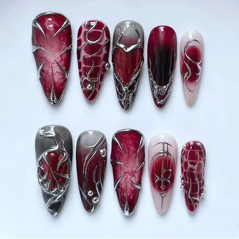 Press On Nägel Lang Stiletto Gothic Punk Dunkelrot Smudge 3D Silber Metallic Y2K Künstliche Falsche Fingernägel