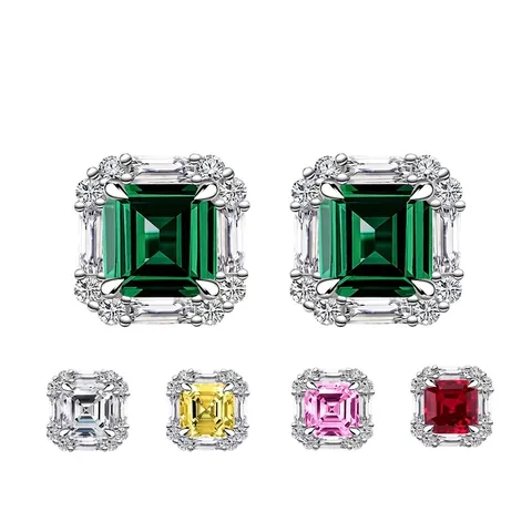 Luxury 925 Sterling Silver Square Stud Earrings Asscher Cut Rhinestone Geometric Halo Earrings For Women Fashion Jewelry