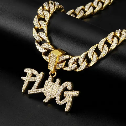 Hip Hop Iced Out Strass PLUG Letter Hanger Ketting Zinklegering Dikke Cubaanse Ketting Street Style Voor Mannen Vrouwen