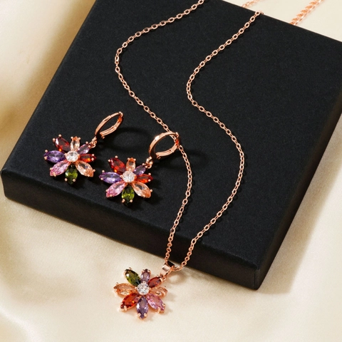 Set di Gioielli in Acciaio Inossidabile con Fiori Colorati per Donna Collana e Orecchini a Fiore con Strass Oro Rosa