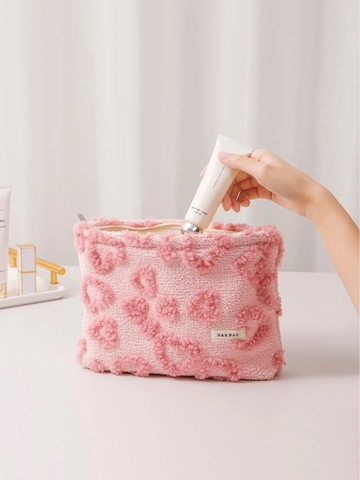 Neceser De Peluche Rosa Con Patrón De Corazón Bolsa De Maquillaje Portátil Organizador De Viaje Estuche Suave Y Lindo
