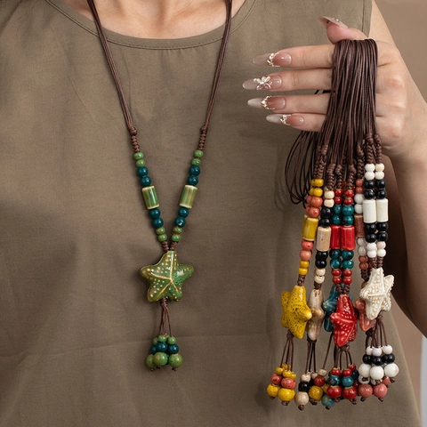 Seestern Anhänger Halskette Keramik Perlen Handgewebt Seil Böhmischen Ethnischen Retro Stil Schmuck Bunt Für Frauen