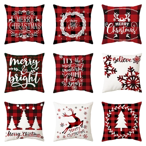 Weihnachts Kissenbezug Rot Schwarz Büffelkaros Rentier Schneeflocke Druck Dekorative Kissenhülle Kurzplüsch Weich Dekor