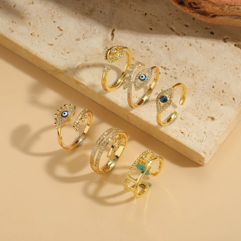 Französisch Vintage Kupfer Böser Blick Offener Ring Für Damen Vergoldet Zirkonia Emaille Geometrisch Verstellbar Mode Schmuck