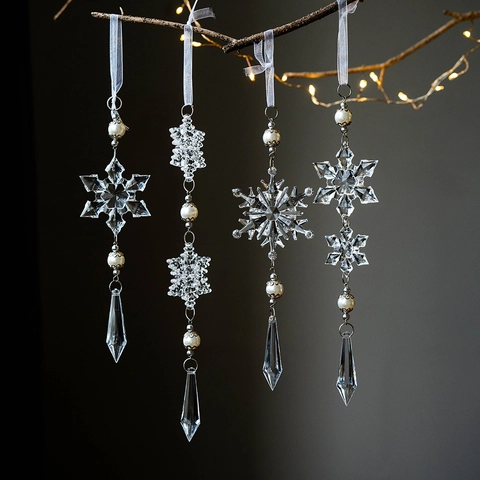 Adornos Colgantes De Copos De Nieve De Navidad Cristal Acrílico Con Perlas Artificiales Cinta Blanca Decoración Árbol Elegante