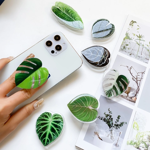 Phone Grip Stand Tropical Monstera Leaf Heart Shape Expandable Folding Acrylic Resin Smartphone Holder Aesthetic Stick On