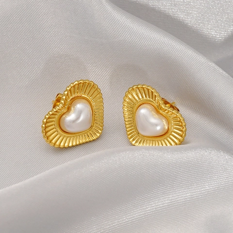 Herz Ohrstecker 304 Edelstahl Vergoldet Mit Künstliche Perle Zirkon Strass Vintage Französisch Geometrischer Schmuck Für Damen