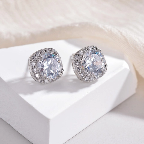 Boucles D'oreilles Halo Avec Zirconium Coupe Ronde Cuivre Plaqué Et Silver Earring Post Bijoux De Mode Pour Femmes Élégant