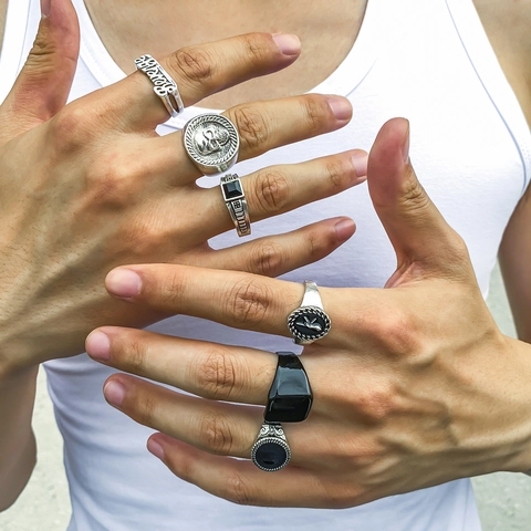 6Pcs Men's Retro Punk Ring Set Vintage Hip Hop Gothic Skull Letter Revenge Signet Rings Alloy Rings Men Jewelry Gift