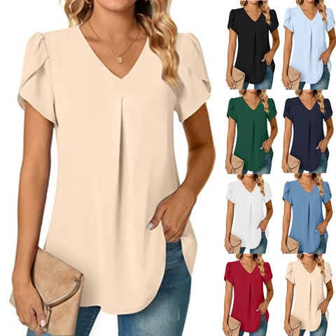 Women V Neck Chiffon Blouse Pleated Short Petal Sleeve Loose Casual Shirt Summer Polyester Solid Color Tops
