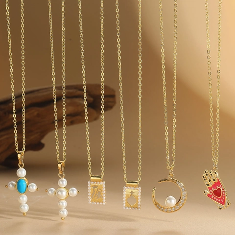 Vintage Kupfer Anhänger Halskette Mit ABS Künstliche Perle Türkis Zirkon Emaille Hohl Kreuz Mond Palm Herz Schmuck Für Damen
