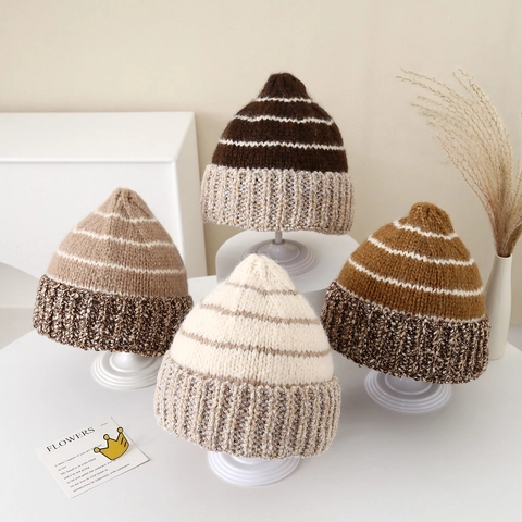 Kids Winter Knit Hat Striped Pointed Top Warm Beanie Woolen Yarn Windproof Casual For Boys Girls