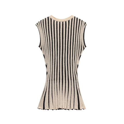 Striped Knit Sleeveless Button Top And High Waist Flare Pants Chic Minimalist Black Beige Women Textured Knitwear