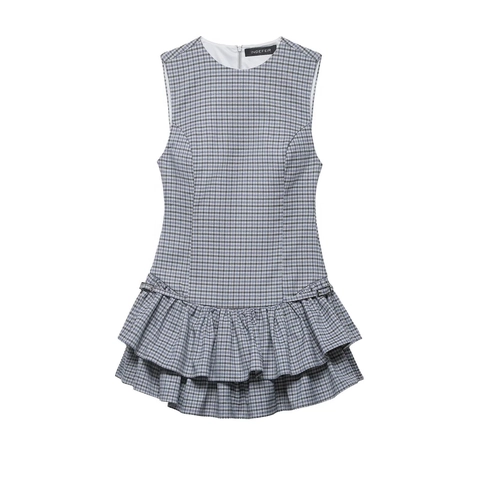 Sleeveless Plaid Round Neck Double Layer Ruffle Hem Mini Dress With Metal Buckle Polyester Blend Retro Casual Style Women