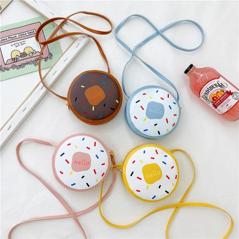 Kids Mini Round Crossbody Bag PU Leather Donut Style Hello Printed Cartoon Cute Girls Shoulder Purse