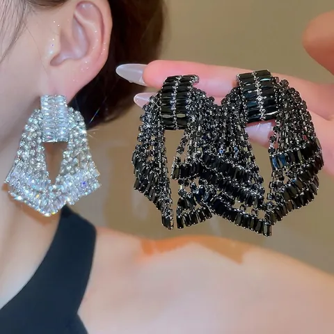 Übertriebene 3D Schleife Quasten Ohrhänger Luxus Strass Eingelegter Kupferschmuck Mit 925 Sterling Silver Earring Post