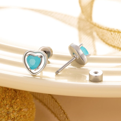 Heart Blue Zircon Stud Earrings Titanium Steel Screw Back Cartilage Piercing Jewelry Elegant For Women