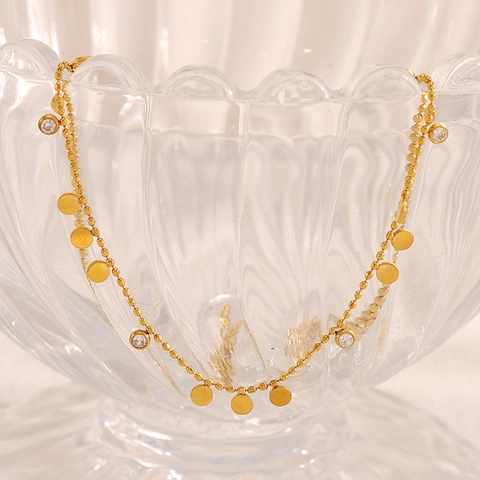 Collana Elegante In Acciaio Inossidabile Placcato Oro 18K Per Donna Pendente Disco Tondo Zircone Catena A Sfere