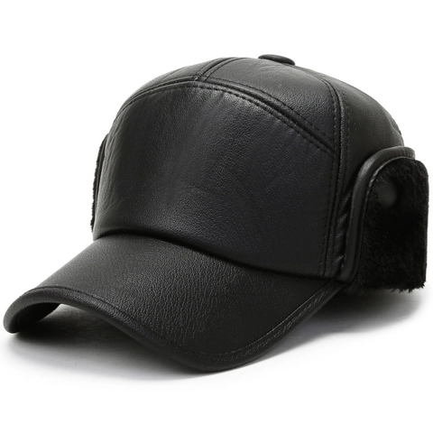 Men Winter Warm PU Leather Baseball Cap With Faux Fur Earflaps Windproof Thermal Outdoor Hat Black