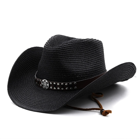 Western Cowboy Straw Hat Wide Brim Sun Protection Vintage Style Summer Beach Fedora For Men Women With Wind Rope