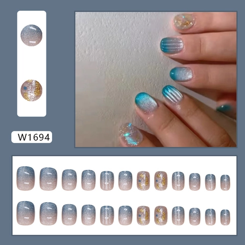 Blue Cat Eye Aufpressnägel Verlauf Glitzer Abnehmbare Runde Kurze Künstliche Nägel Für Frauen Einfach Elegant