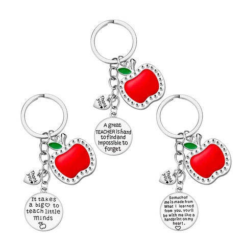 Portachiavi in Acciaio Inossidabile per Insegnante Ciondolo a Cuore con Mela in Smalto Rosso e Strass Regalo per la Giornata degli Insegnanti
