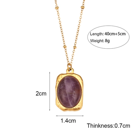 Collana Con Pendente In Pietra Naturale Ovale Acciaio Inossidabile Texture Martellata Vintage Catena A Sfere Gioielli Da Donna